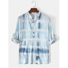 Mens Waffle Tie-Dye Print Button Long Sleeve Henley Shirt